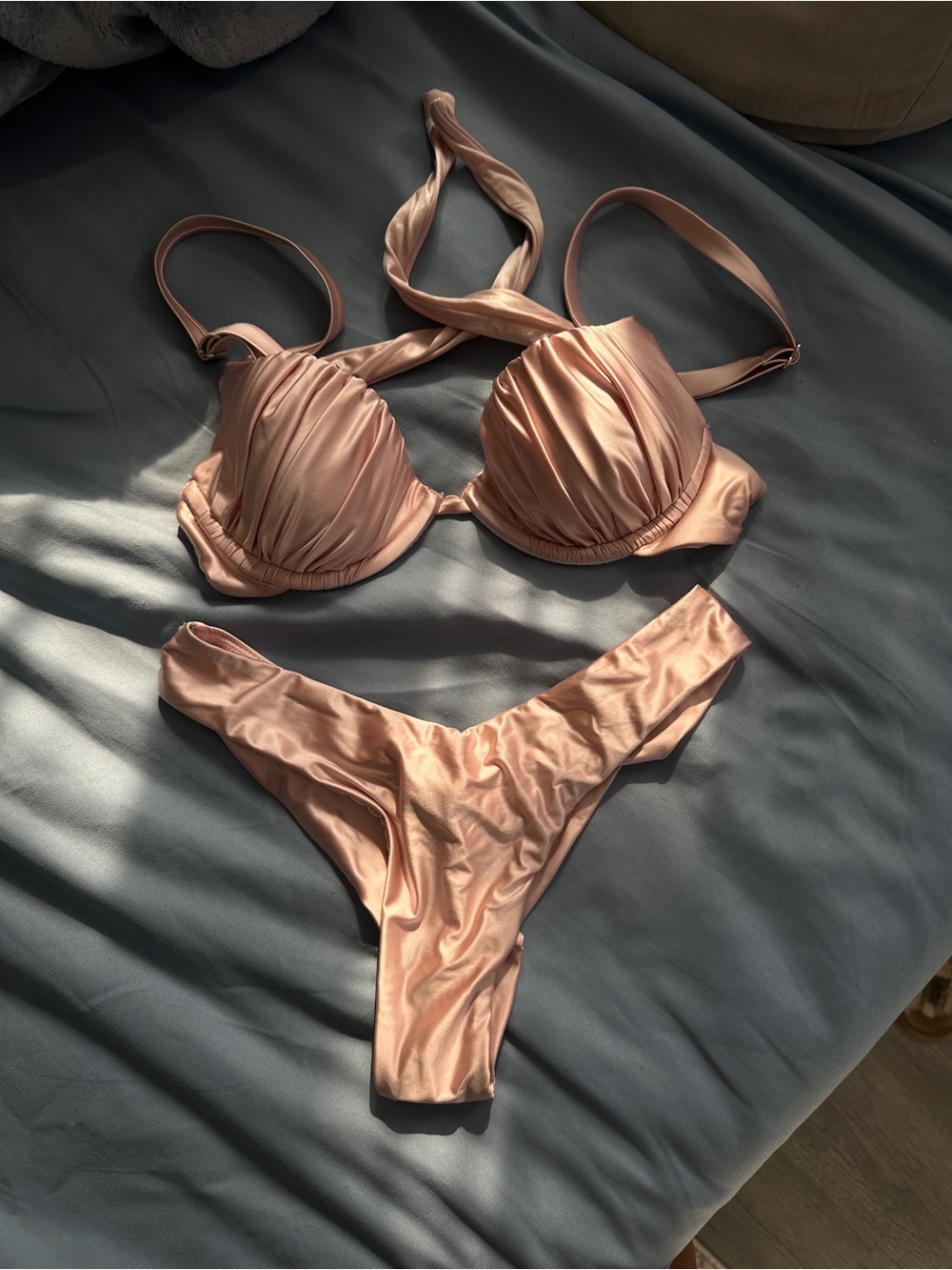 Women's Shiny Rose Gold Bikini Set - Push-Up Top & Cheeky Bottoms